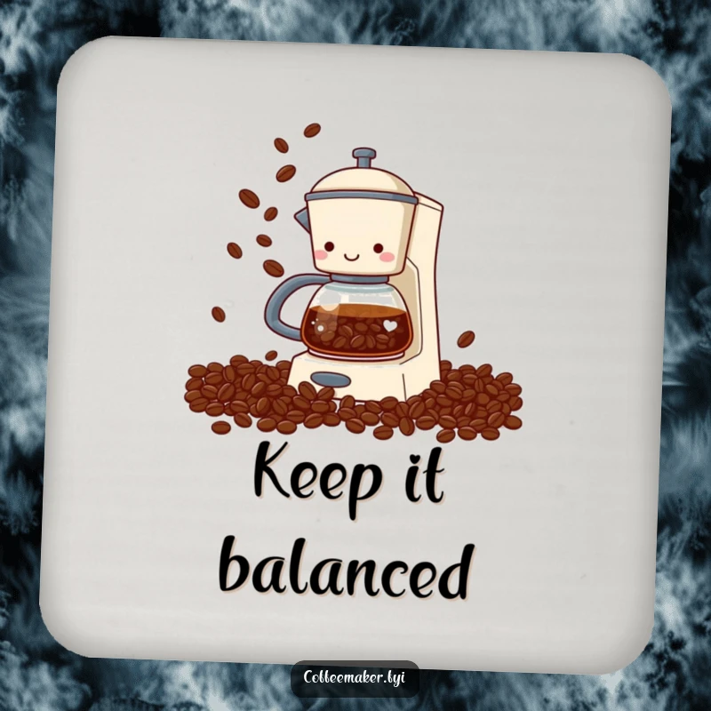 Funny coffee maker coaster featuring a coffee maker juggling coffee beans with its spout, a small yet humorous accessory for any table.