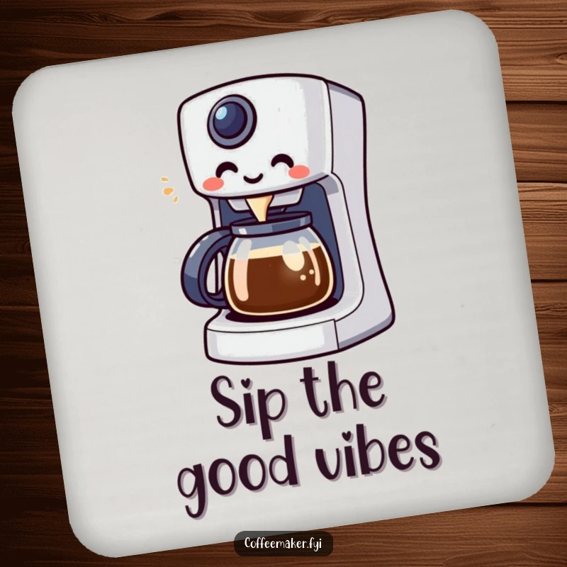 Funny Kawaii coffee maker character brewing, featured on a protective and humorous drink coaster.