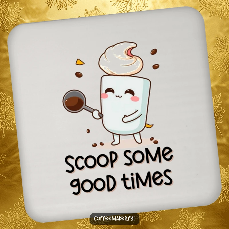 Funny coffee scoop character performing a large scoop, featured on a protective and humorous drink coaster.