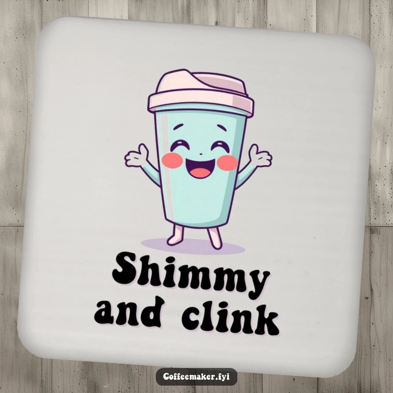 Funny travel mug drink coasters with a giggling character doing a funny shimmy, protecting surfaces with fun.