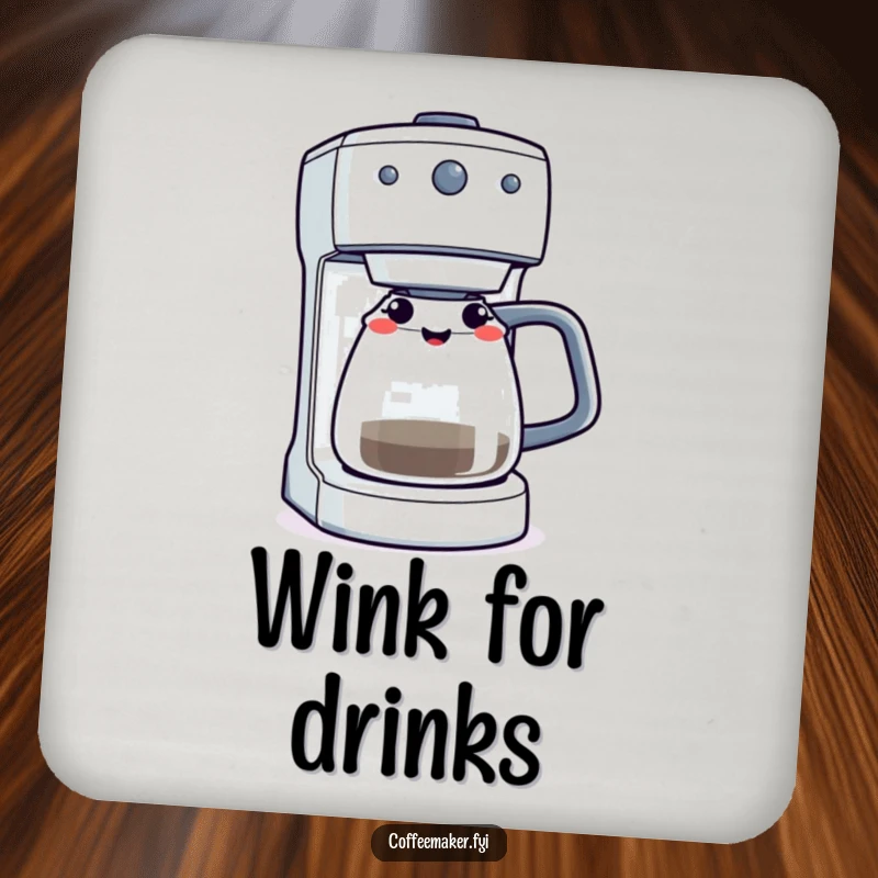 Funny coffee maker machine winking with its brewing light, depicted on coasters to protect furniture from spills.