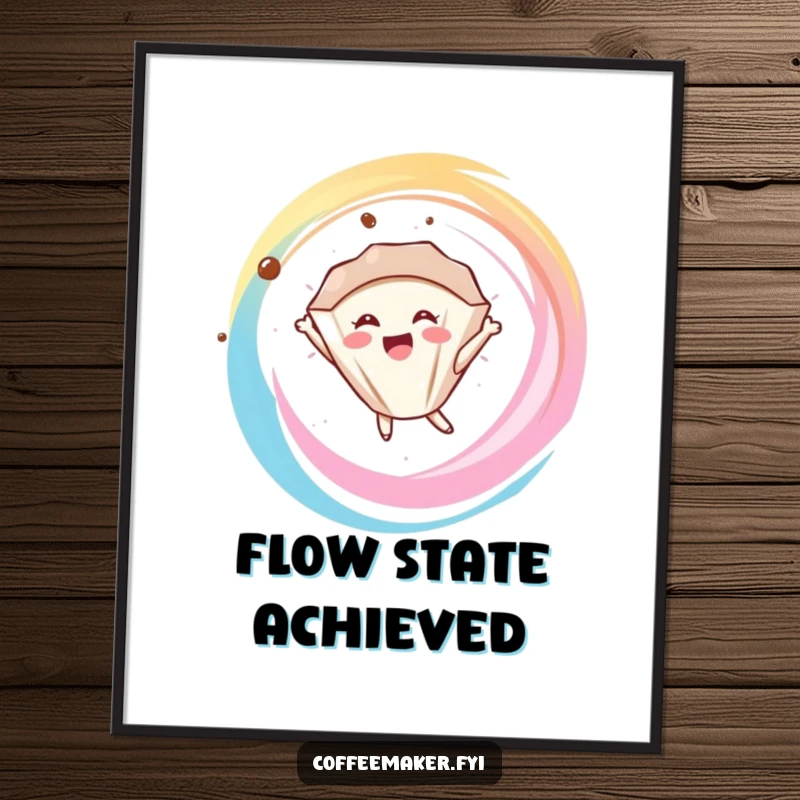 Funny delighted coffee filter character floating joyfully in a swirl, displayed as a serene wall art print.