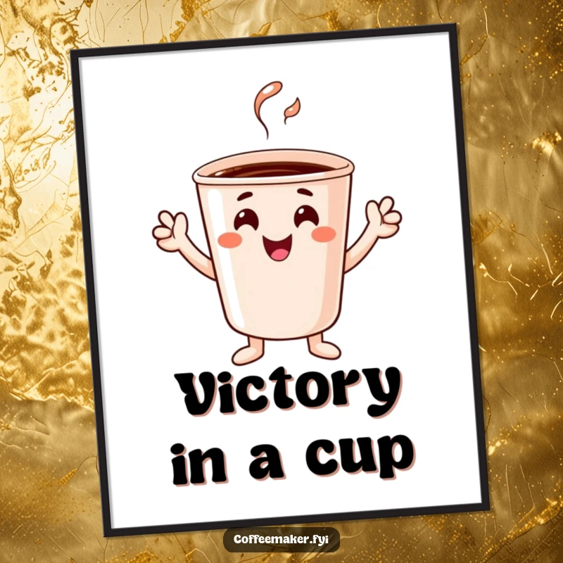 Funny cheerful coffee cup character with tiny hands celebrating, presented as a vibrant wall art print.