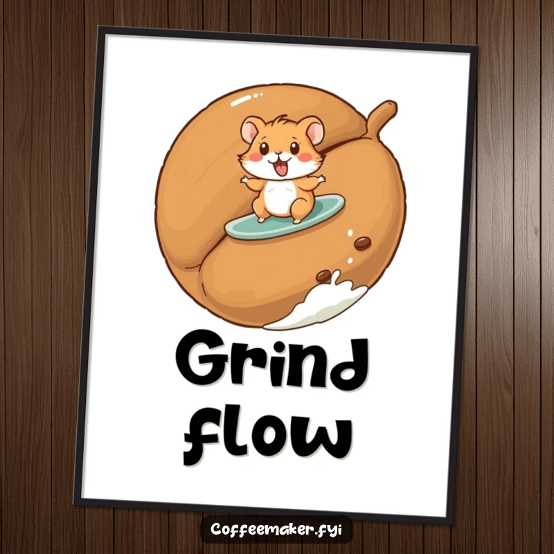 Funny hamster poster showing a playful hamster surfing on a giant roasted coffee bean, perfect for humorous decor.