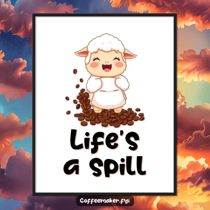 Funny Poster: A fluffy sheep wearing a tiny apron giggles uncontrollably as coffee beans cascade around it.