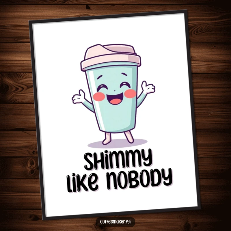 Funny travel mug poster showing a giggling character doing a funny shimmy, adding adventurous art to walls.