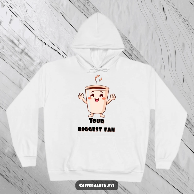 Funny cheerful coffee cup character with tiny hands cheering, featured on a warm and cozy hoodie.