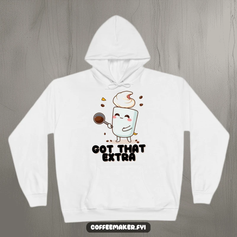 Funny coffee scoop character performing a large scoop, depicted on a warm and cozy hoodie.