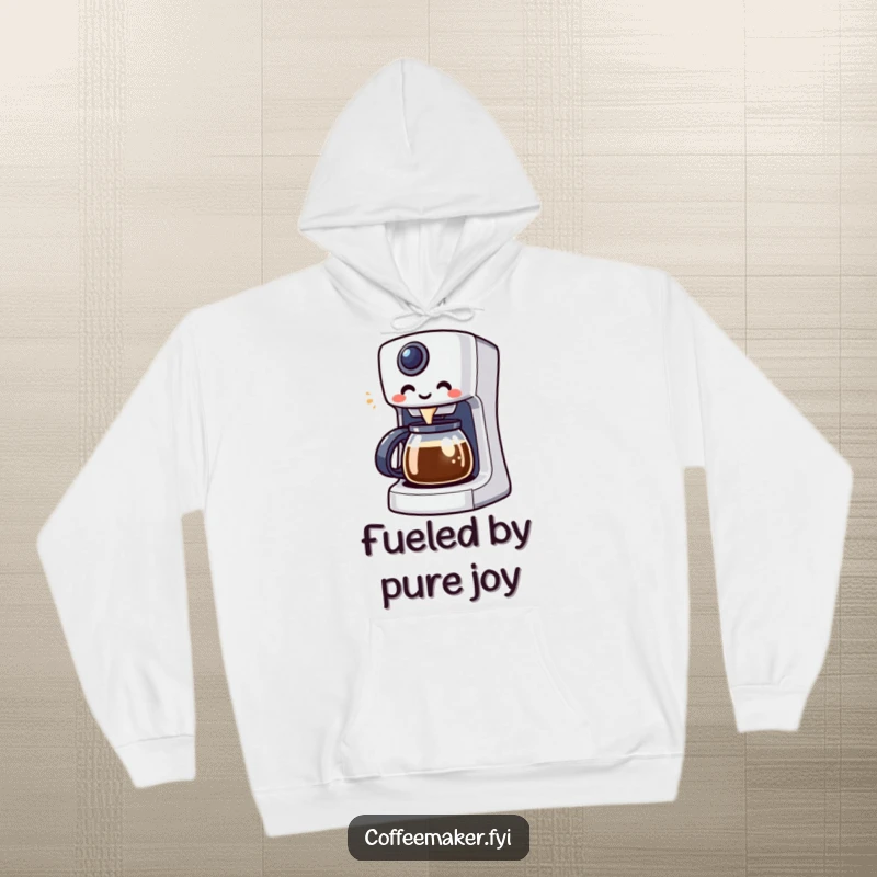 Funny Kawaii coffee maker character depicted on a cozy hoodie, enthusiastically making a cup of coffee.