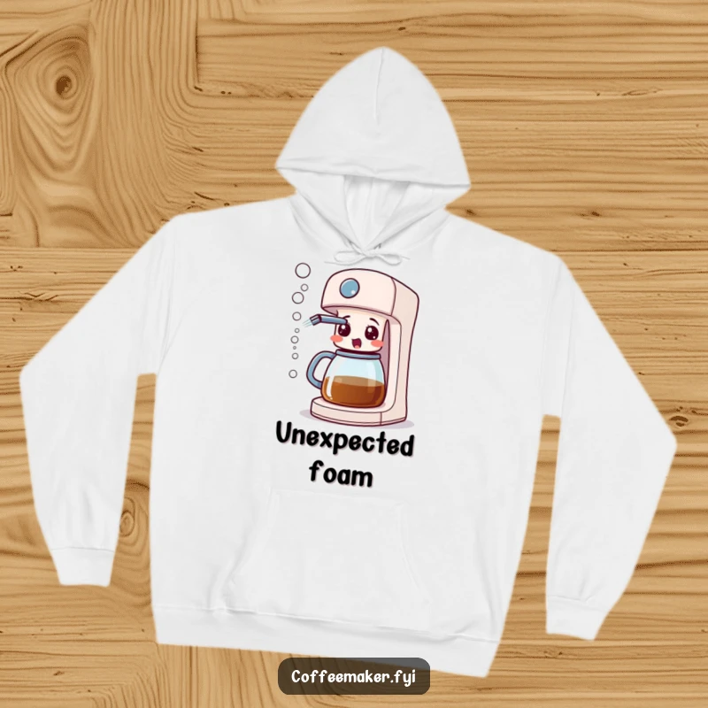 A surprised coffee maker machine with its spout spraying bubbles, printed on a soft and cozy hoodie.