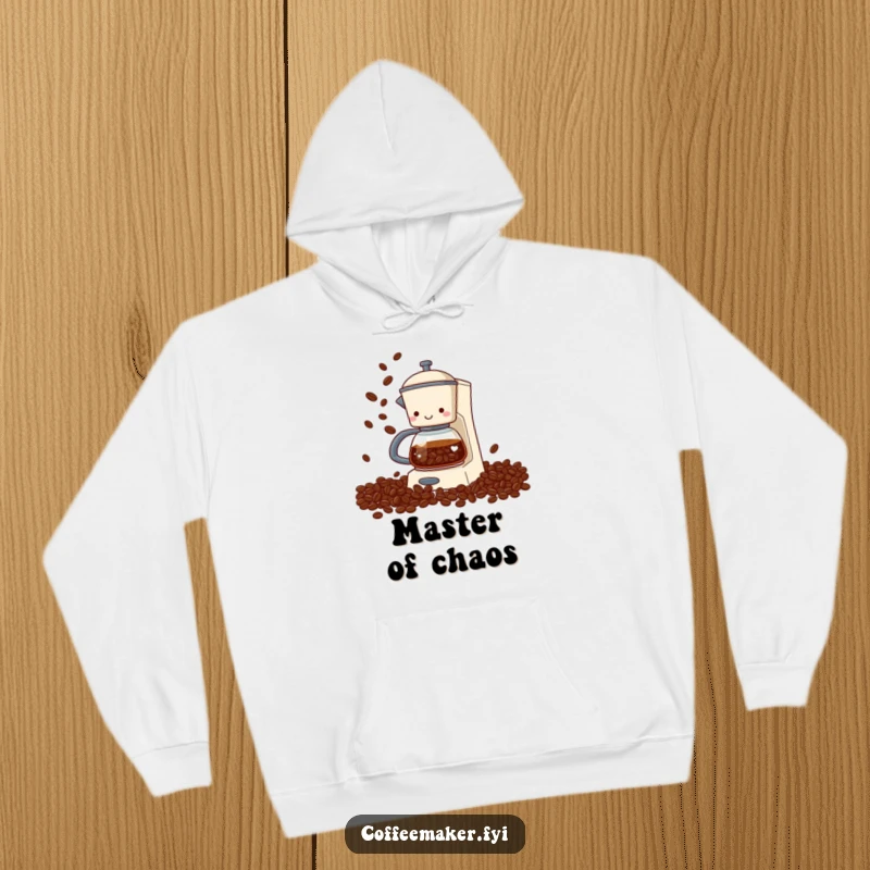 Funny coffee maker hoodie showcasing a coffee maker juggling coffee beans from its spout, a cozy and humorous apparel choice for caffeine addicts.