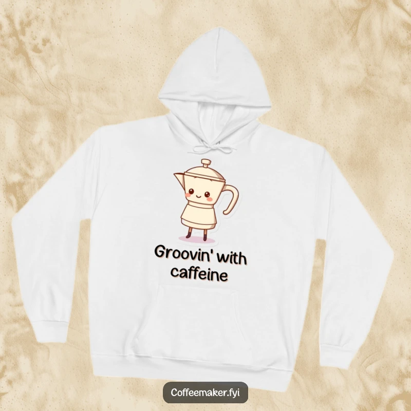 Funny coffee pot character doing a happy shuffle dance on this hoodie, great for music and coffee fans.