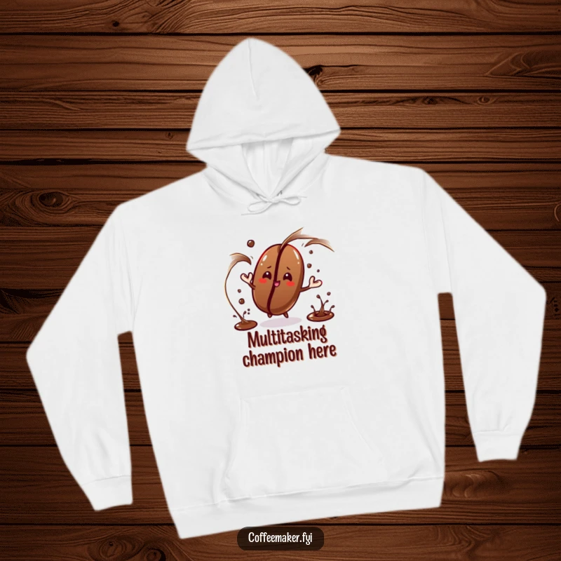Funny coffee bean character juggling liquid streams on this hoodie, great for skilled individuals.