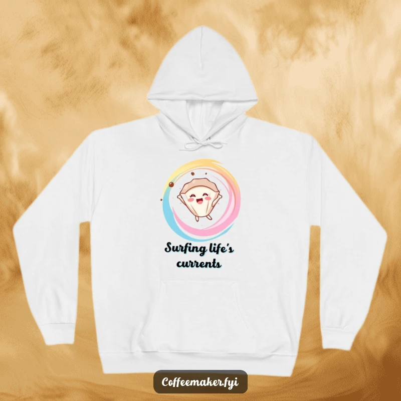 Funny delighted coffee filter character floating in a swirl, depicted on a warm and cozy hoodie.