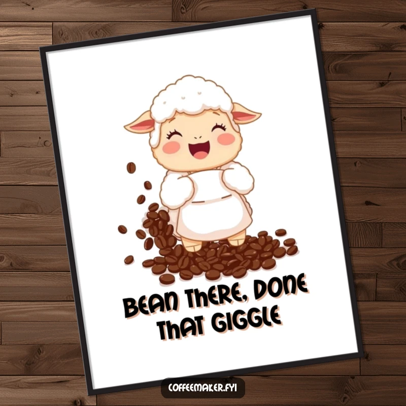 Funny Free Printable Wall Art: A giggling sheep in an apron spills coffee beans, creating a charmingly chaotic scene for your decor.