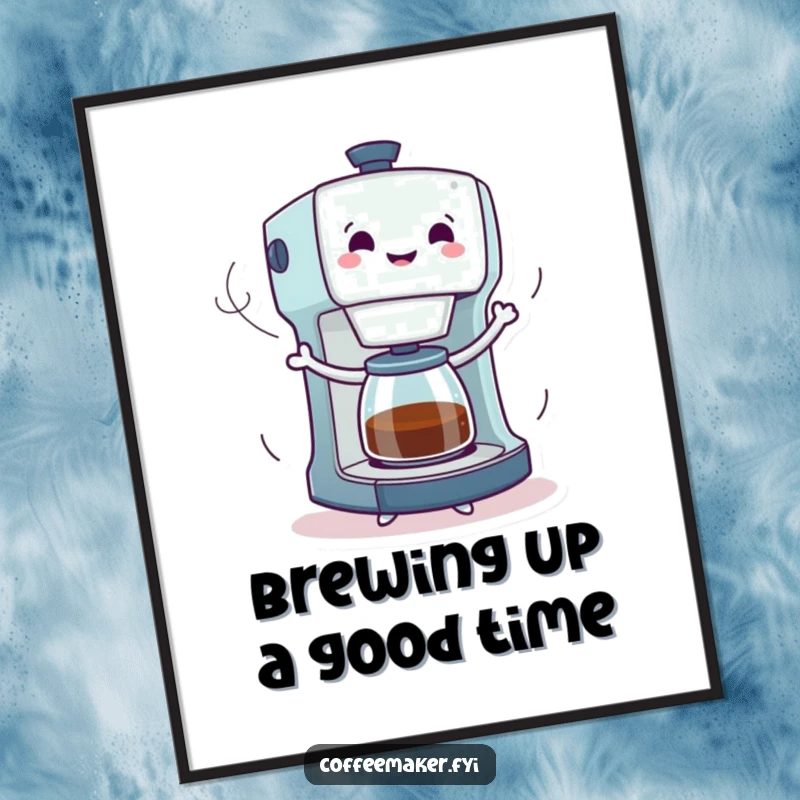 Funny Free Printable Wall Art: A coffee maker character in a joyful dance pose with rising steam trails.
