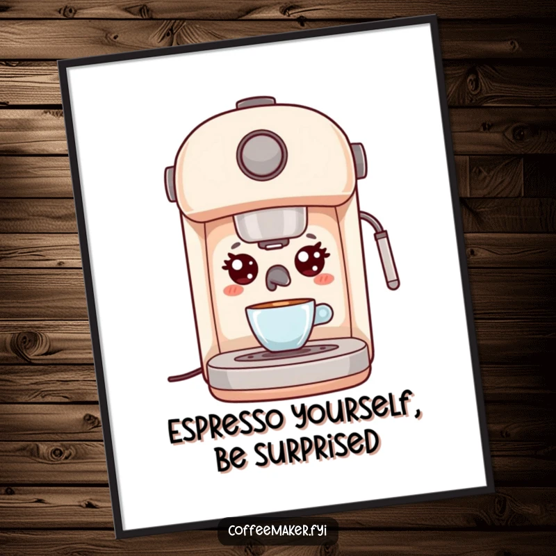 Funny Free Printable Wall Art of a surprised kawaii espresso machine with wide eyes, adding a humorous, quirky vibe to walls.