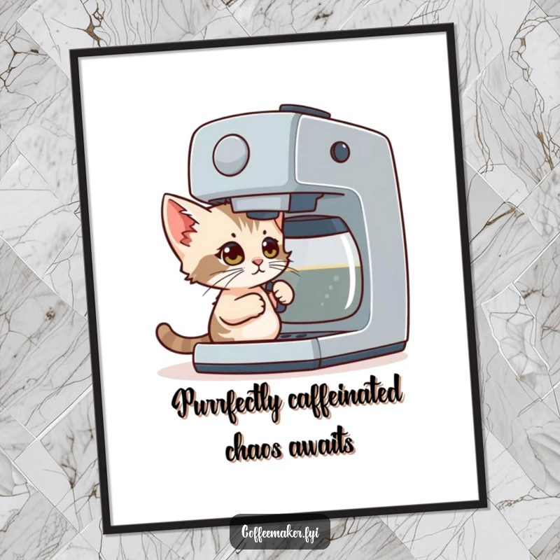 Funny Free Printable Wall Art: A determined tiny kitten attempts to operate a giant coffee maker, bringing morning humor to your decor.