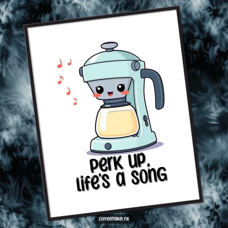 Funny Free Printable Wall Art of a cheerful kawaii percolator whistling a silly tune, adding a whimsical, musical touch to decor.