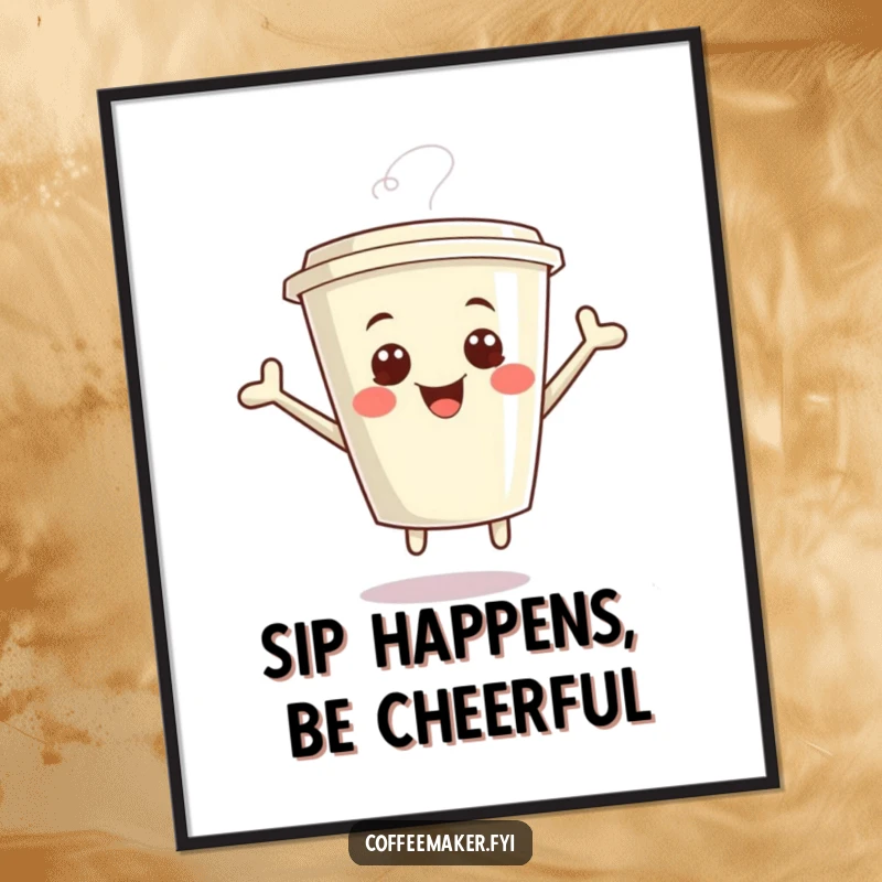 Funny Free Printable Wall Art of a giggling kawaii coffee cup jumping with glee, adding a touch of joy to any room.