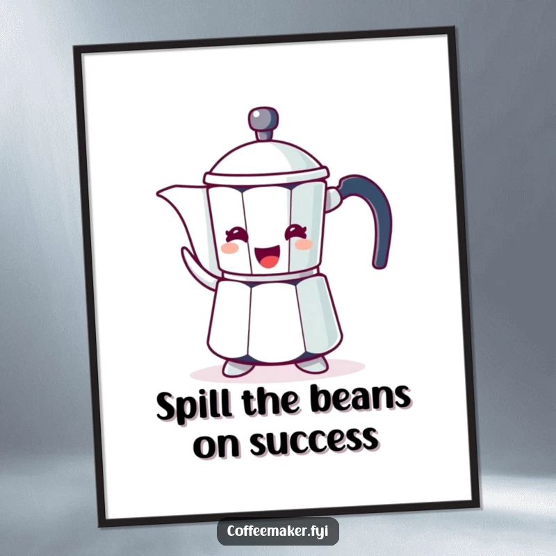 Funny Free Printable wall art of a simple coffee pot character enthusiastically gesturing with its spout.