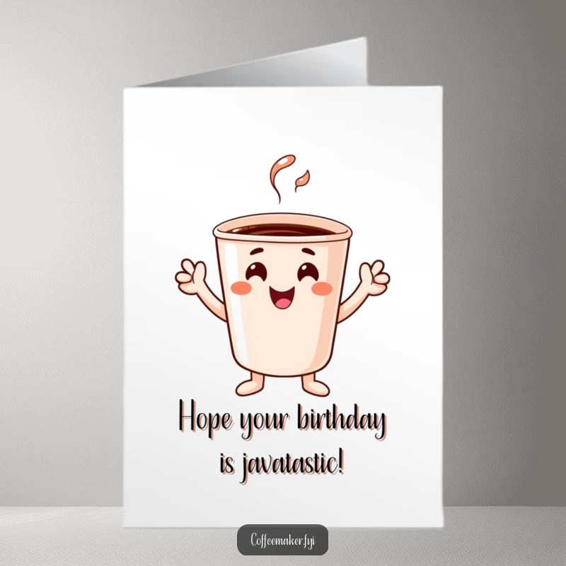 Funny Free Printable Birthday Card featuring a cheerful coffee cup character raising tiny hands in a celebratory cheer.