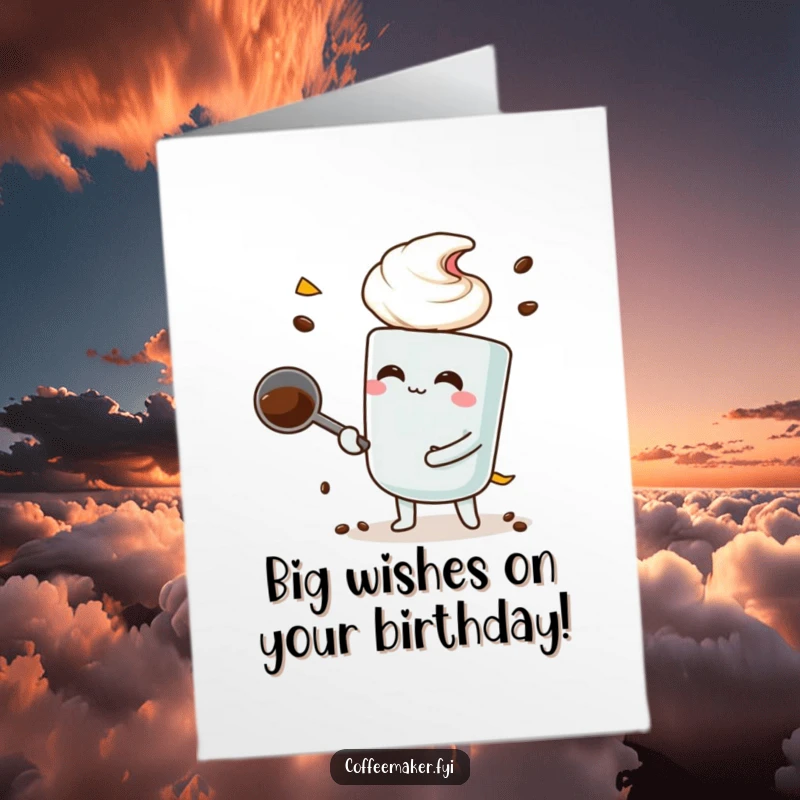 Funny Free Printable Birthday Card showing a coffee scoop character making a comically large scoop, ready to celebrate.