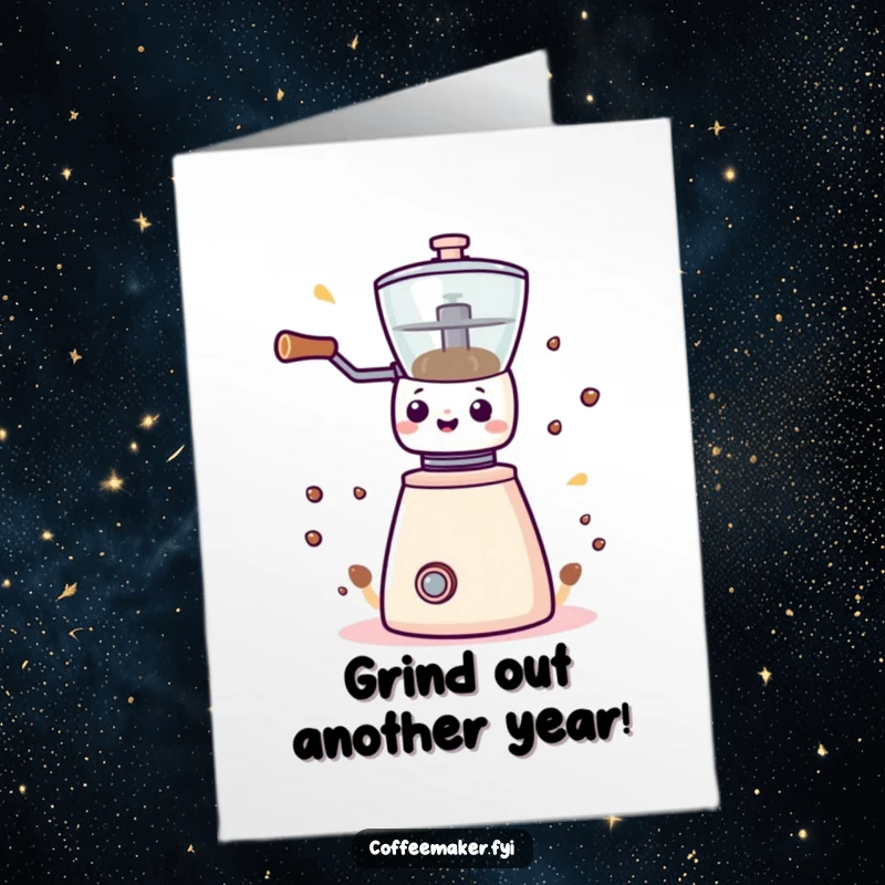 Funny Free Printable Birthday Card featuring a hyperactive Kawaii coffee grinder with beans flying everywhere, spreading birthday cheer.