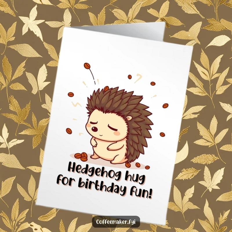 Funny Free Printable Birthday Card: A sleepy hedgehog in a coffee bean hat is startled by a steam explosion. Hilarious birthday wish.