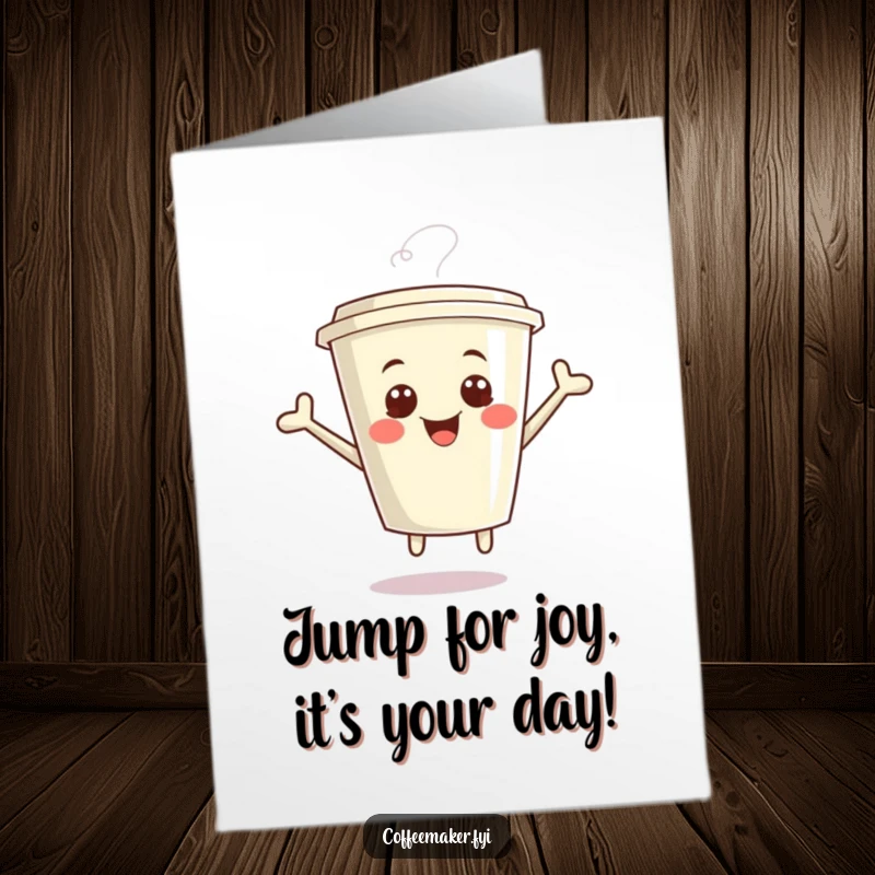 Funny Free Printable Birthday Card of a giggling kawaii coffee cup jumping with glee, perfect for a coffee lover's celebration.