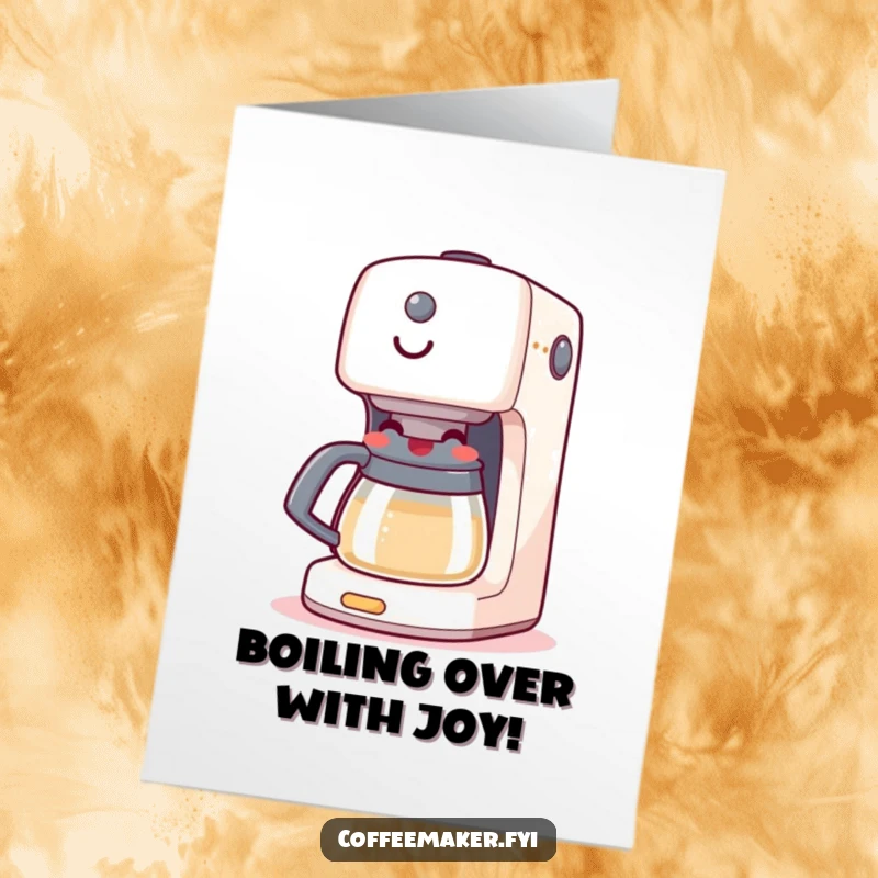 Funny Free Printable Congratulations Card: A happy coffee maker machine with a cheerful grin boils, ready to celebrate.