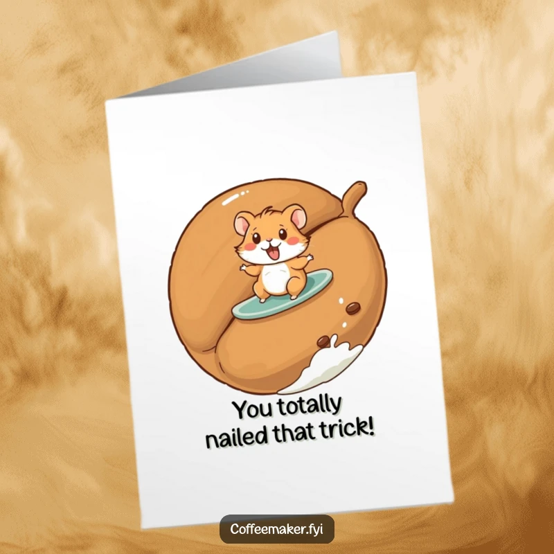 Funny Free Printable Congratulations Card: A playful hamster expertly surfs a giant roasted coffee bean. Congratulations on your success!
