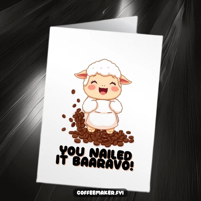 Funny Free Printable Congratulations Card: Giggling sheep in an apron spills coffee beans, celebrating success with a messy, joyful spill.