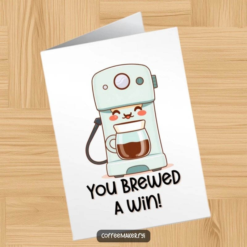 Funny Free Printable Congratulations Card: A coffee maker proudly smiles while serving a perfect cup, celebrating accomplishments with downloadable flair.