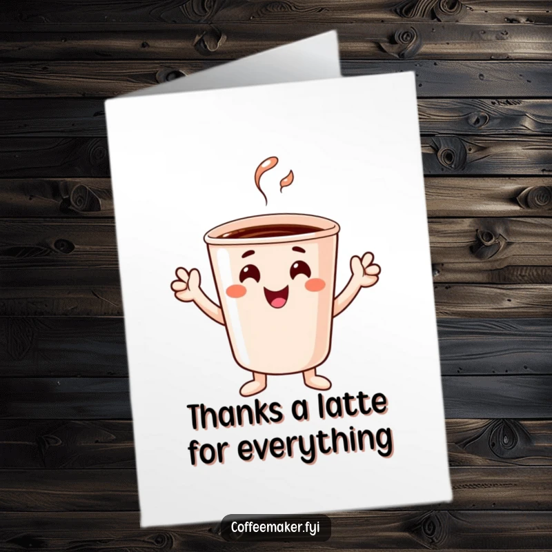 Funny Free Printable Thank You Card with a happy coffee cup character cheering with tiny hands, conveying sincere thanks.