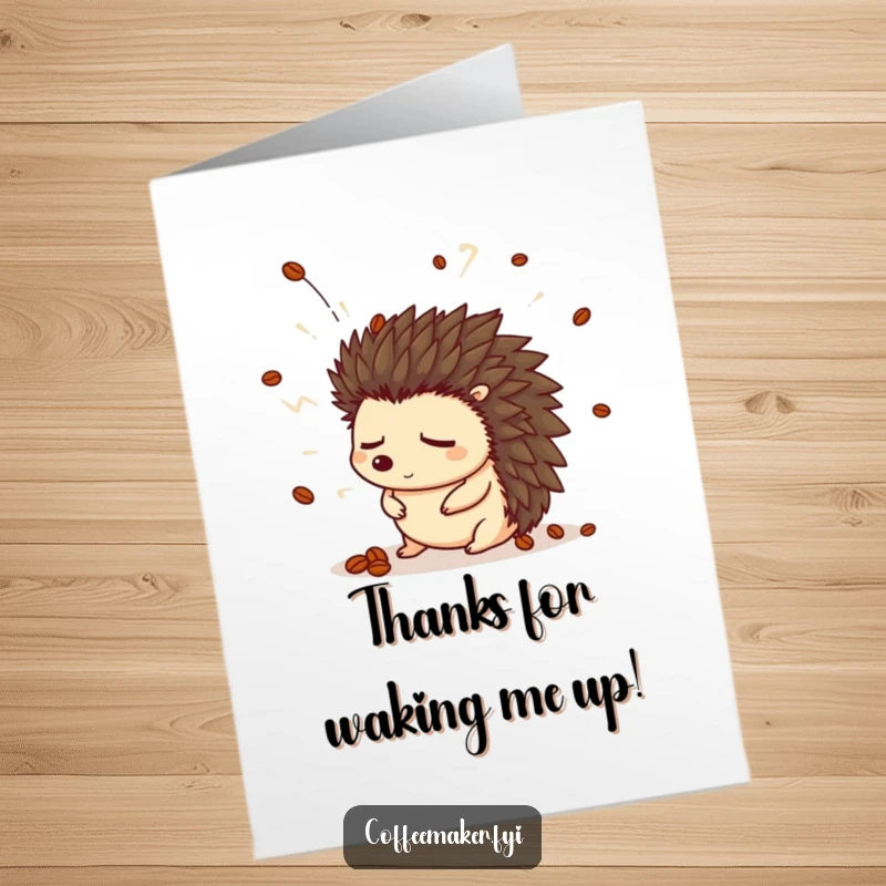 Funny Free Printable Thank You Card: A sleepy hedgehog in a coffee bean hat is startled by an explosion of steam. Expresses thanks.
