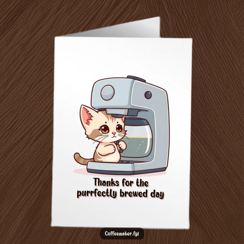 Funny Free Printable Thank You Card: Tiny kitten operating a large coffee maker, expressing heartfelt thanks with a coffee twist.