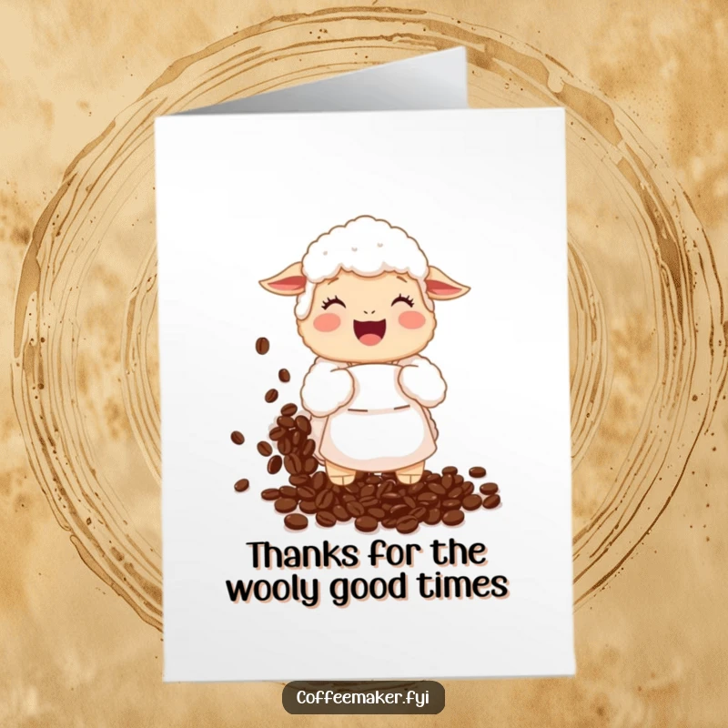 Funny Free Printable Thank You Card: Giggling sheep spills coffee beans while wearing an apron, a humorous way to express thanks.