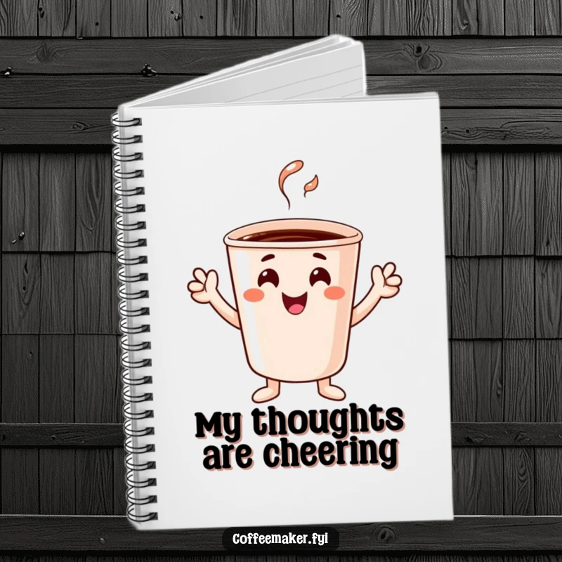 Funny cheerful coffee cup character with tiny hands cheering, gracing the cover of a notebook.