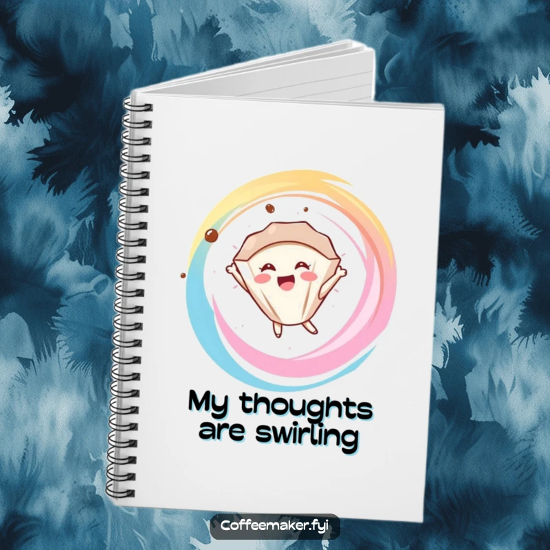 Funny delighted coffee filter character floating in a swirl, gracing the cover of a notebook.