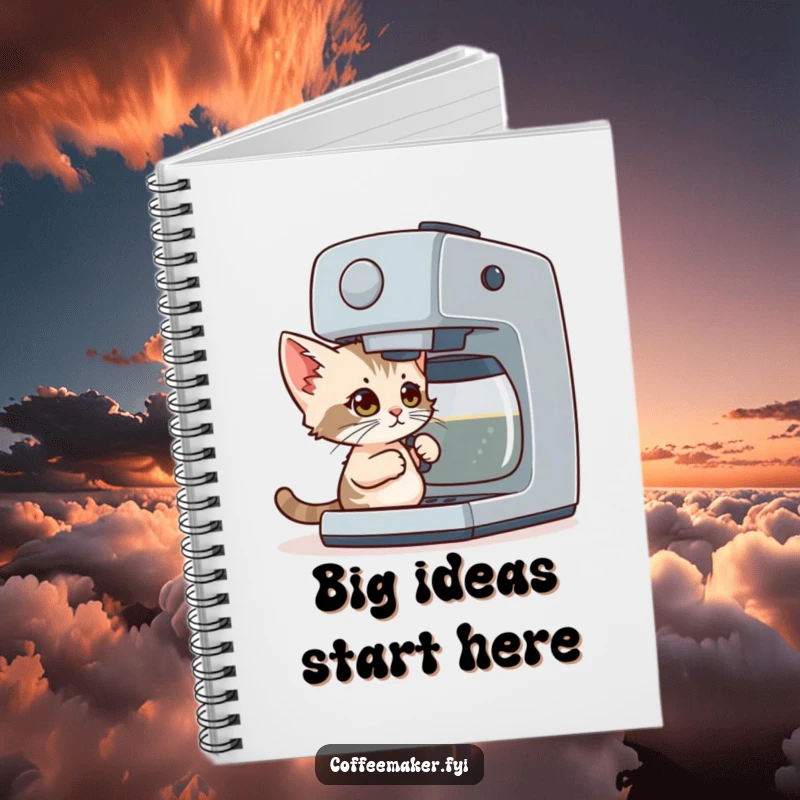 Funny Notebook: A tiny kitten with determined eyes is hilariously operating a massive coffee maker, inspiring notes.