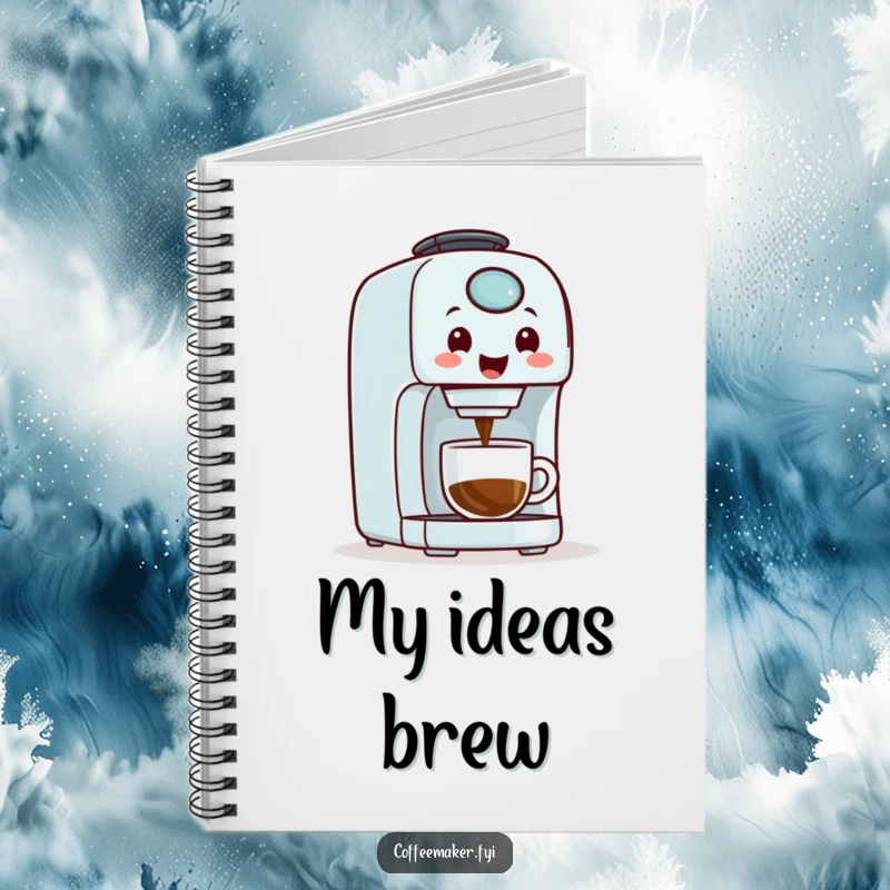 Funny coffee maker machine with a happy face, designed on a notebook cover for jotting down brilliant ideas.