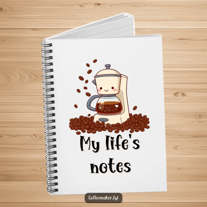Funny coffee maker notebook with a cover design of a coffee maker juggling coffee beans from its spout, a humorous and functional stationery item.
