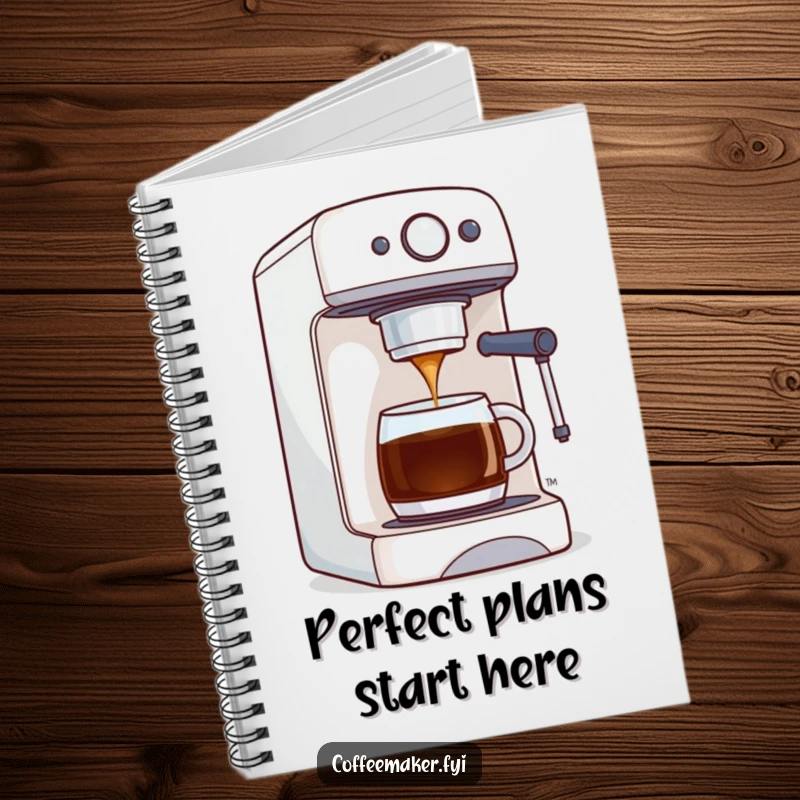 Funny notebook cover with a coffee maker machine proudly dispensing perfect coffee, inspiring organization and detailed note-taking.