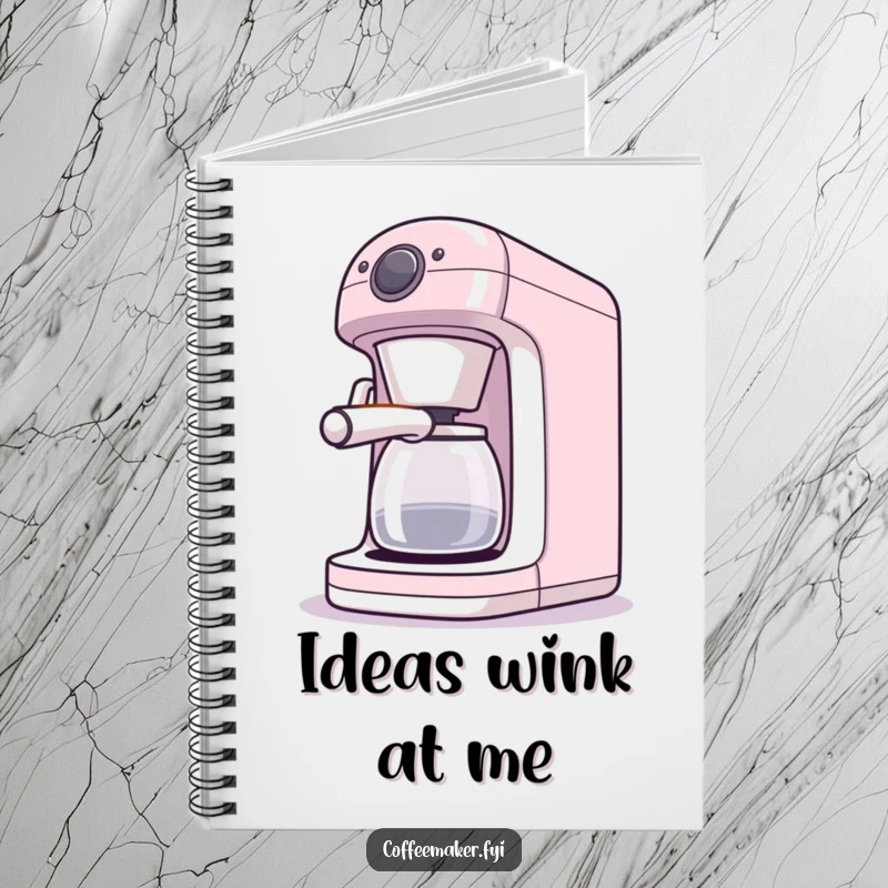 Funny notebook featuring a winking coffee maker character, ideal for capturing inspired thoughts.