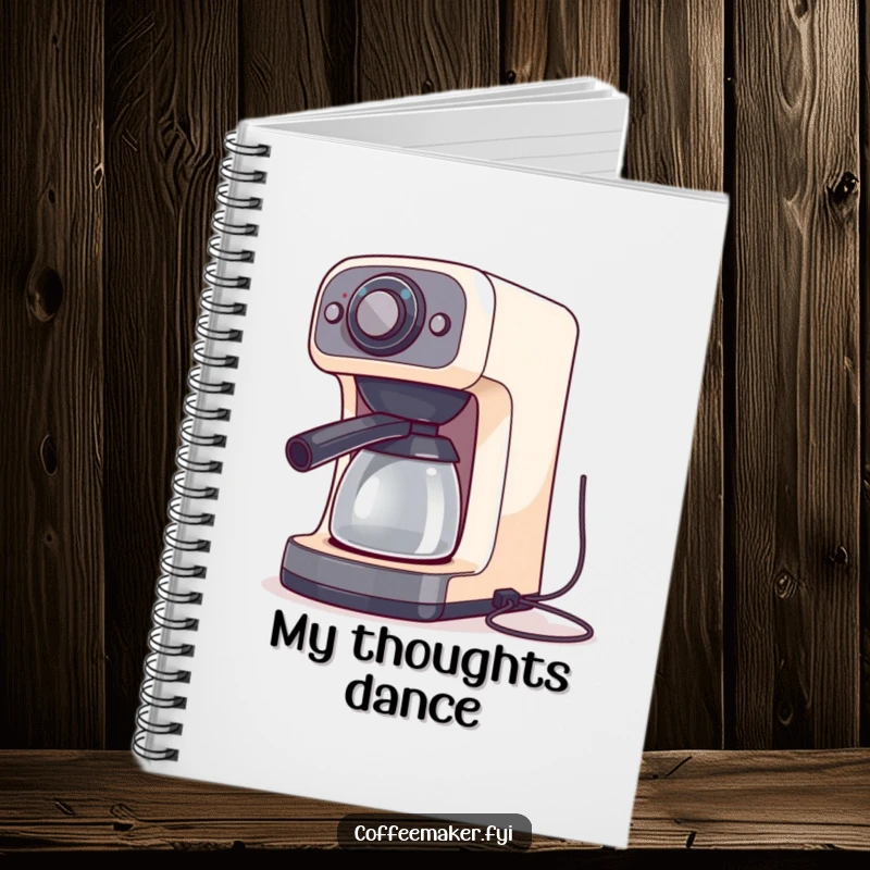 A coffee maker machine doing a silly dance with its cords, adorning a notebook cover for jotting down rhythmic thoughts.