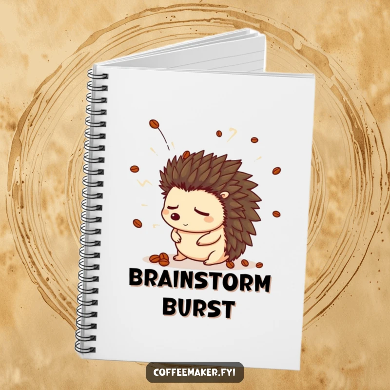 Funny hedgehog notebook with a sleepy hedgehog in a coffee bean hat startled by a steam explosion.