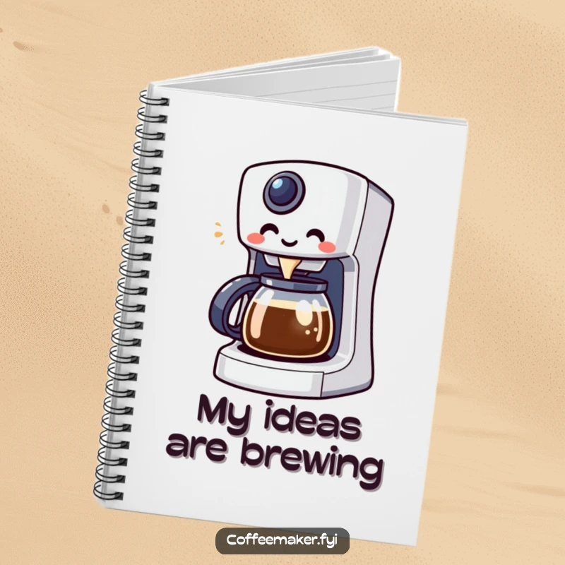 Funny Kawaii coffee maker character brewing, gracing the cover of a notebook for jotting ideas.
