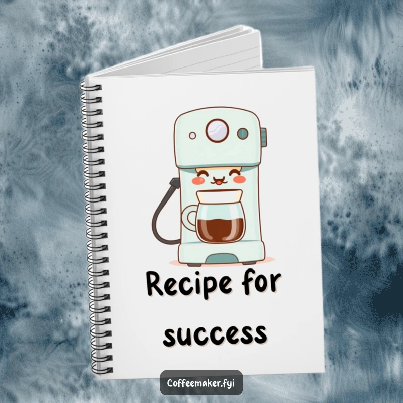 Funny notebook with a proud coffee maker serving a perfect cup on the cover, perfect for notes, journaling, or planning.