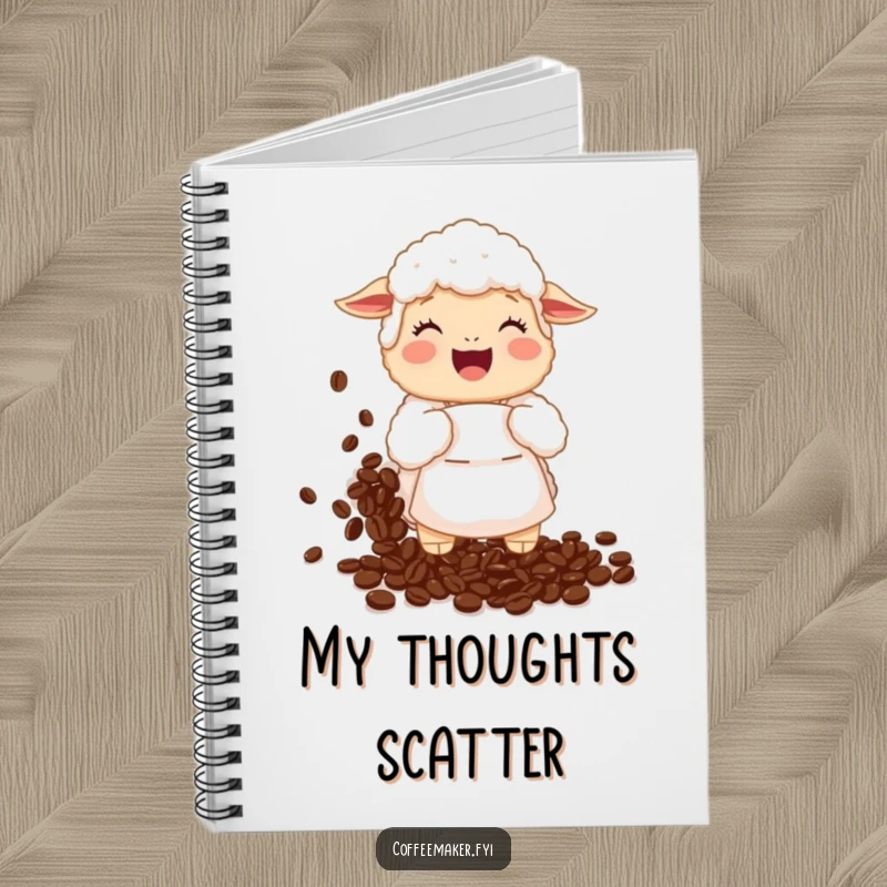 Funny Notebook: A giggling sheep in an apron is hilariously spilling a large pile of coffee beans onto a notebook.